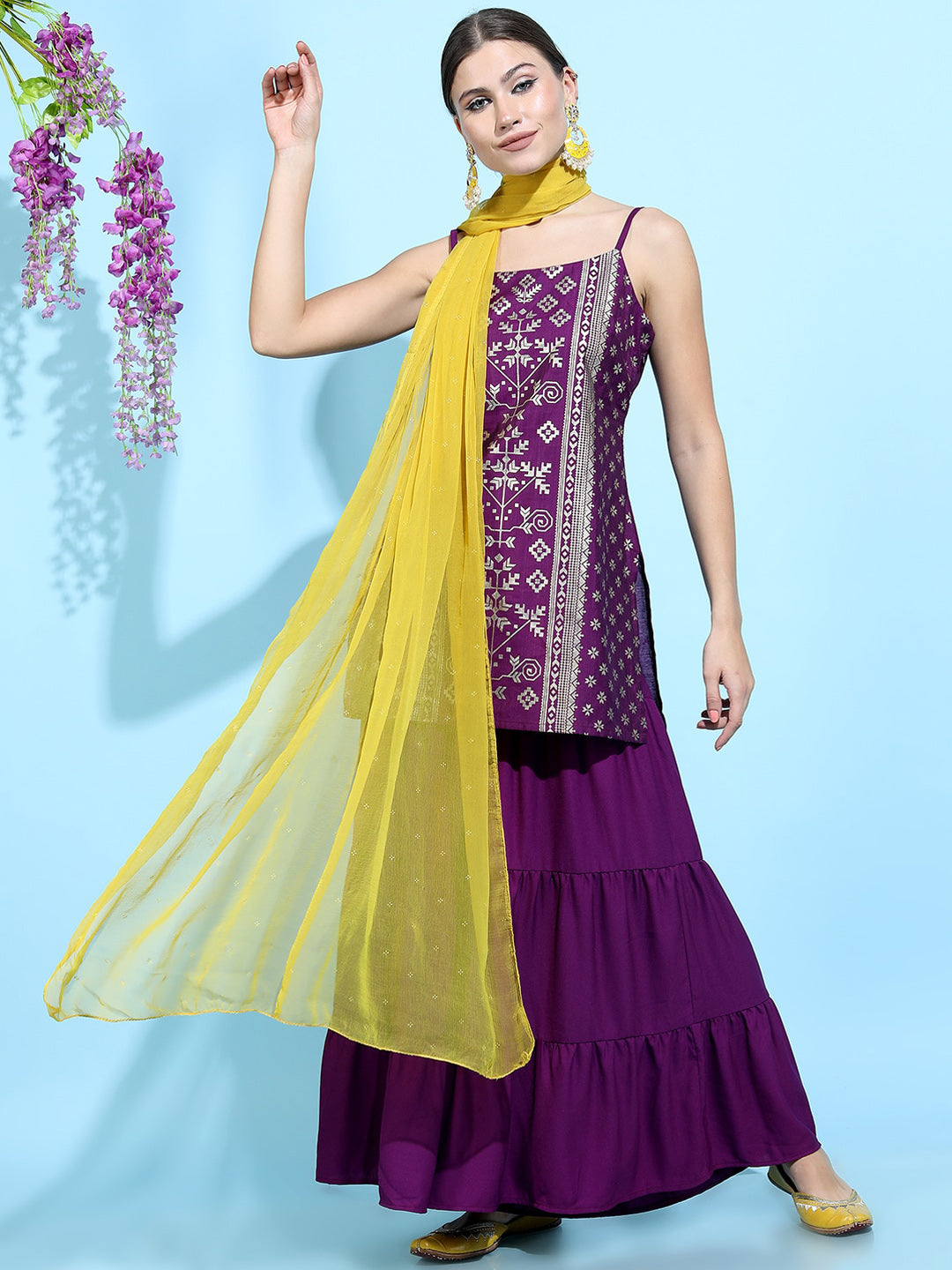 Vishudh Women Purple Printed Kurta with Sharara & With Dupatta