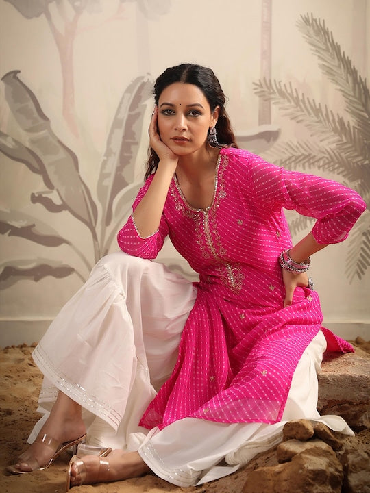 SCAKHI Leheriya Printed Thread Work Regular Kurta with Sharara