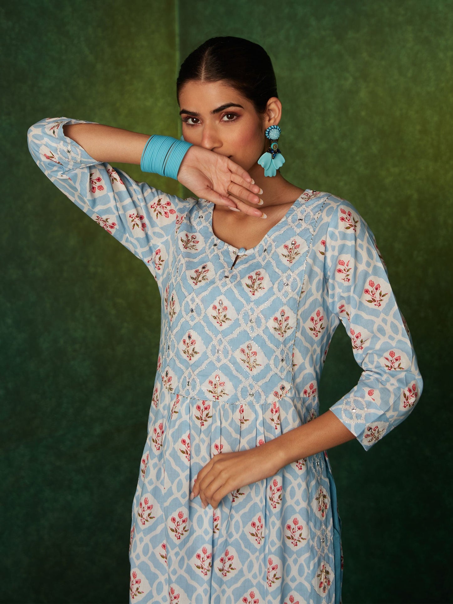 Likha Blue Jaipuri Printed Naira Cut Co-ord Set LIKSKD140 (Set of 2)