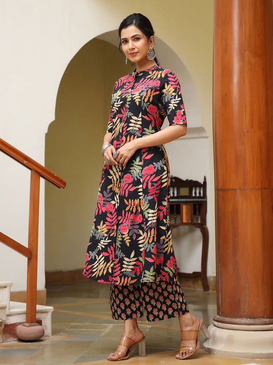 PIROH Women Cotton Floral Print A-Line Kurta & Pant Black (Set of 2)