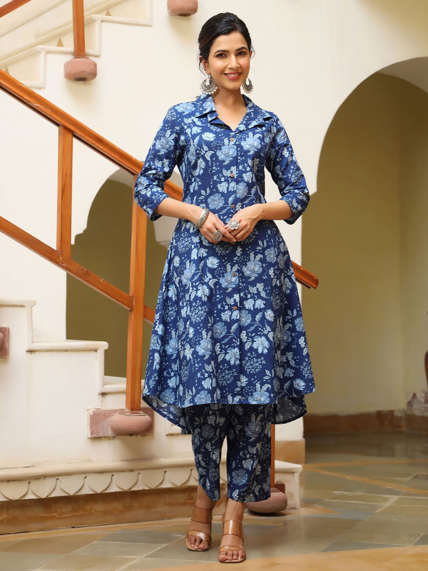 PIROH Women Cotton Floral Print A-Line Kurta & Pant Blue (Set of 2)