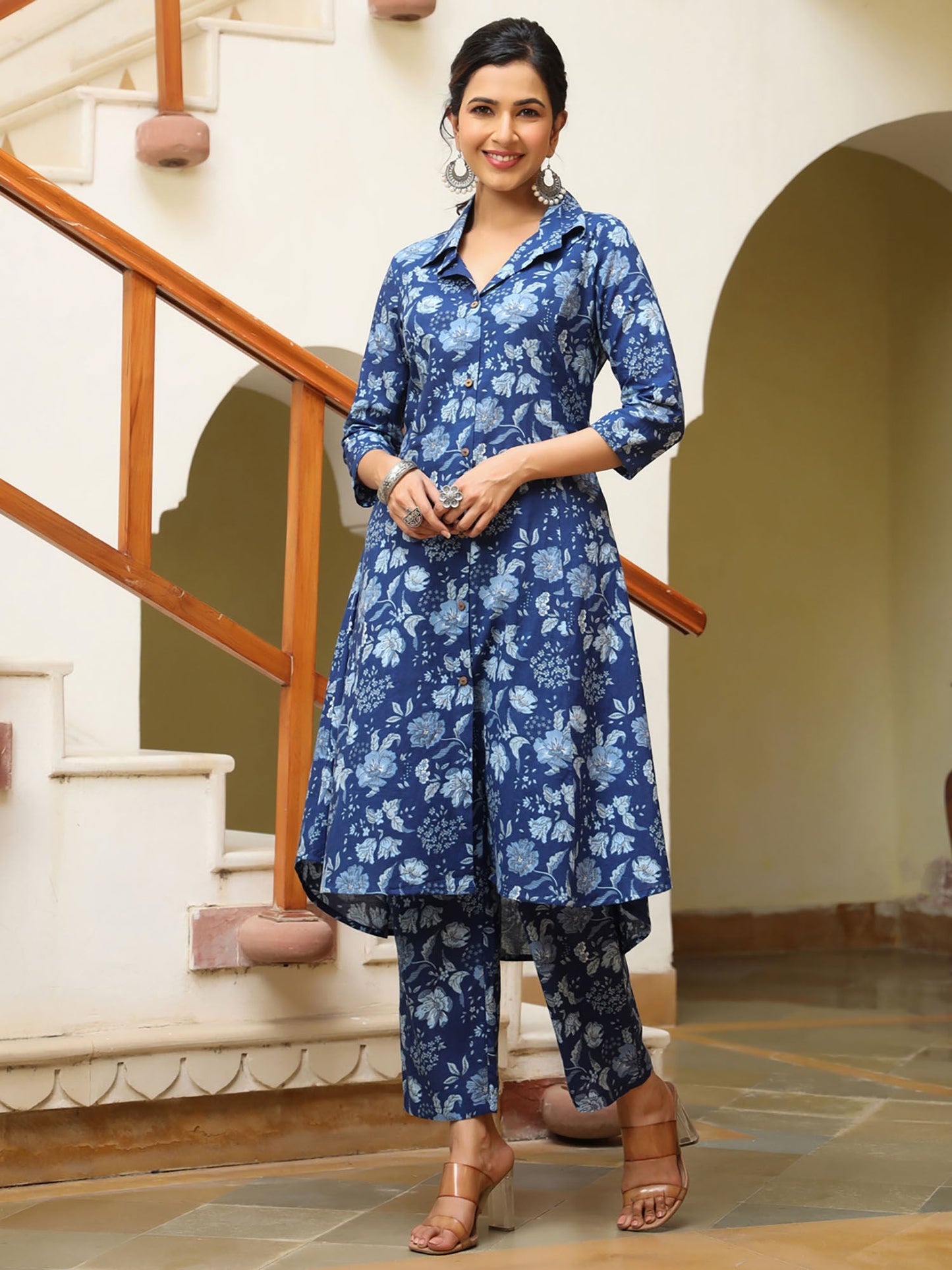 PIROH Women Cotton Floral Print A-Line Kurta & Pant Blue (Set of 2)