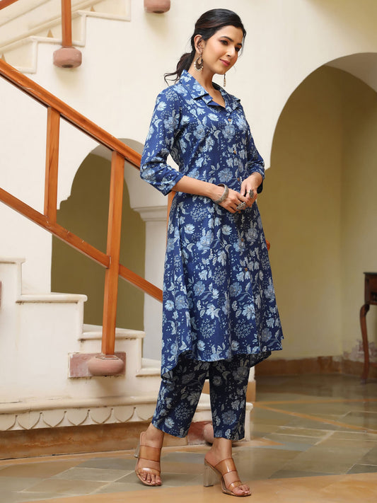 PIROH Women Cotton Floral Print A-Line Kurta & Pant Blue (Set of 2)