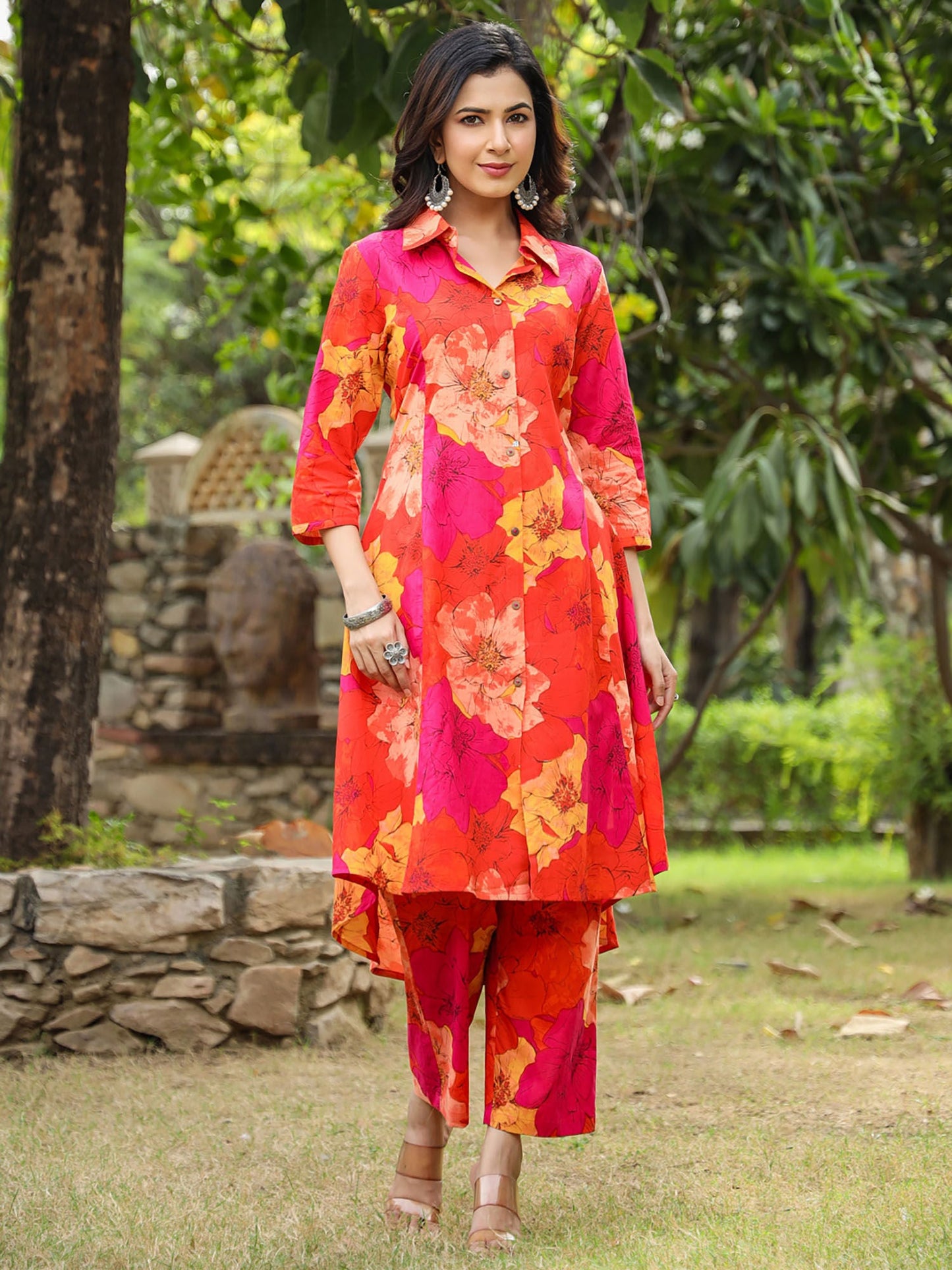 PIROH Women Cotton Floral Print A-Line Kurta & Pant Orange (Set of 2) - XL