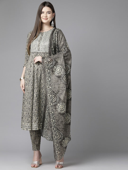 Yufta Ethnic Motifs Printed Sequinned Pure Cotton Kurta with Trousers & Dupatta
