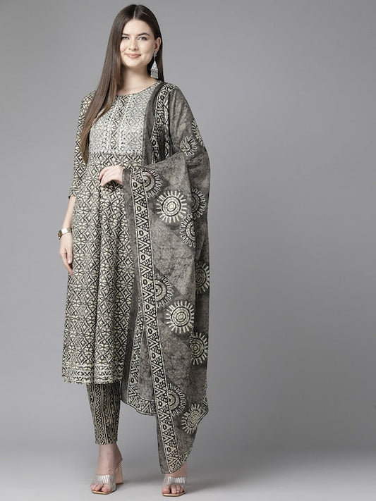 Yufta Ethnic Motifs Printed Sequinned Pure Cotton Kurta with Trousers & Dupatta