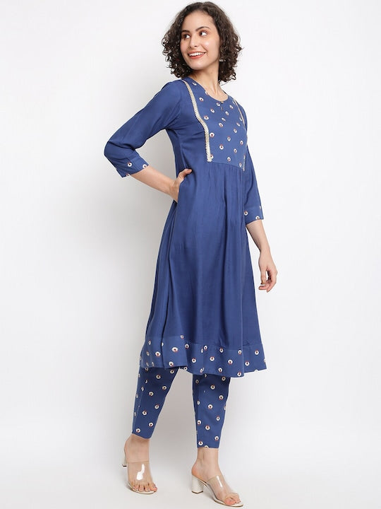 IMARA Floral Printed Keyhole Neck Gotta Patti Pleated A-Line Kurta with Trousers