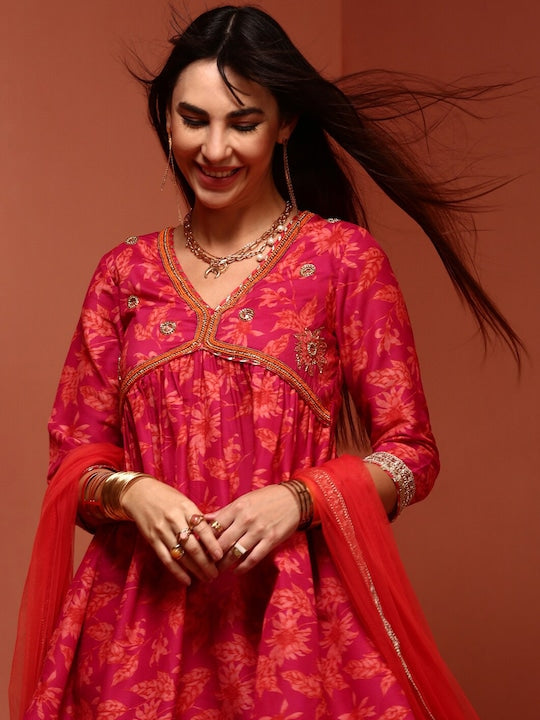 IMARA Floral Printed Anarkali Kurti & Sharara With Dupatta