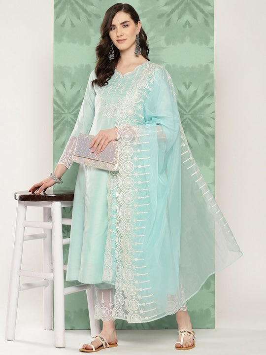 Yufta Women Ethnic Motifs Embroidered Regular Kurta with Trousers & With Dupatta