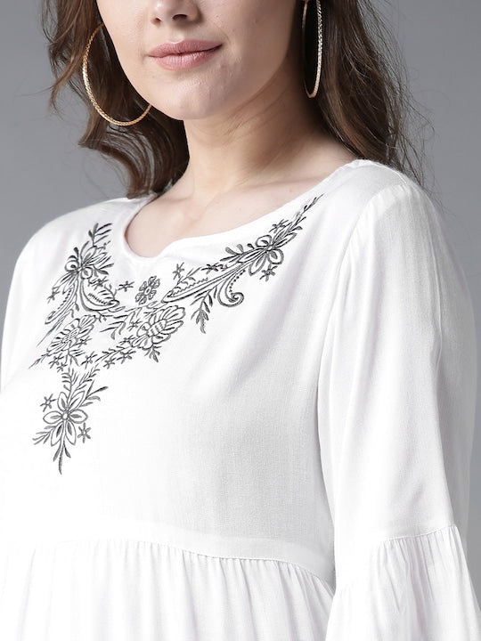 Here&now Women White Yoke Design Anarkali Kurta