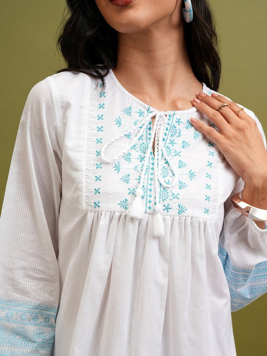 Vishudh White Floral Embroidered Tie-Up Neck Cotton Empire Dress