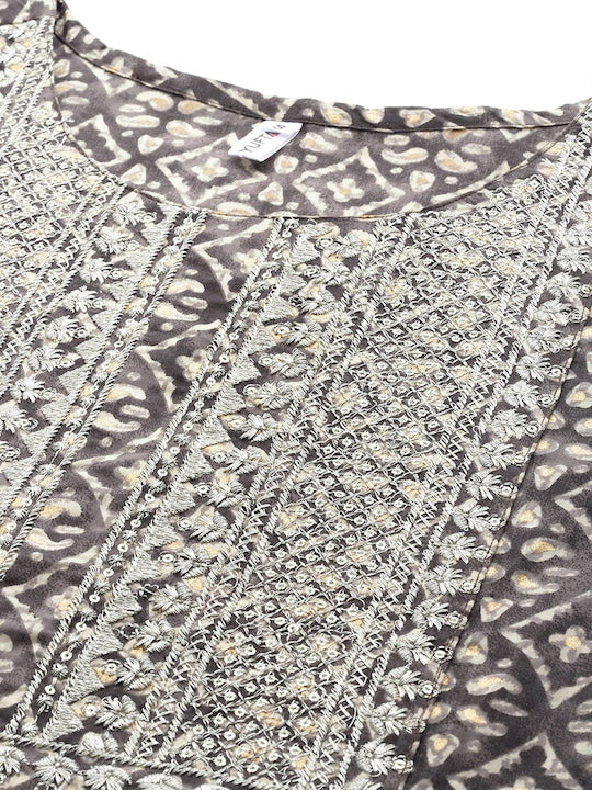 Yufta Ethnic Motifs Printed Sequinned Pure Cotton Kurta with Trousers & Dupatta