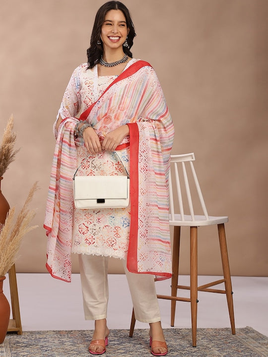 Fabmora Women Printed Regular Pure Cotton Kurta with Trousers & With Dupatta