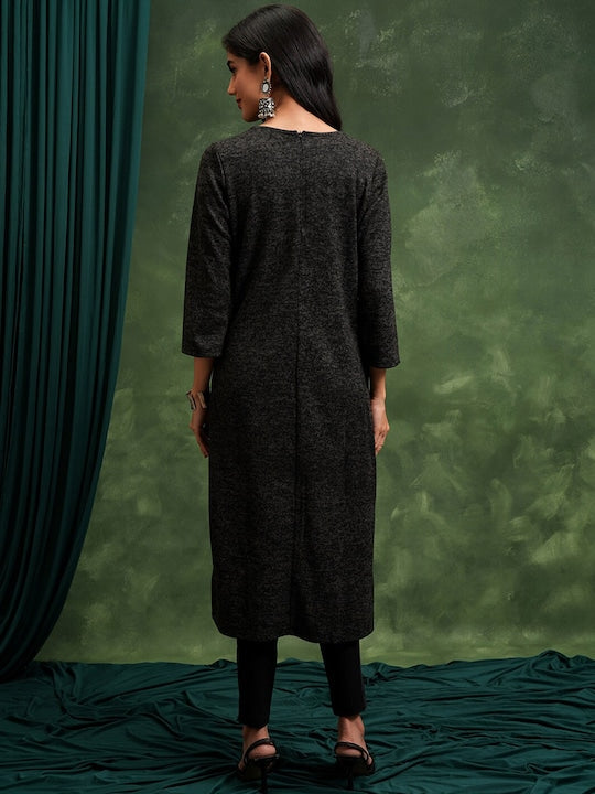 Vishudh Black Abstract Printed Beads & Stones Straight Kurta