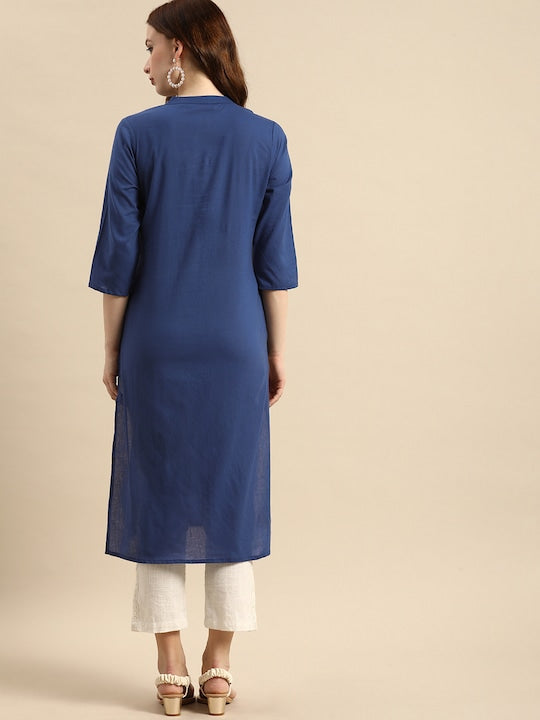 All about you Women Blue Geometric Yoke Design Pure Cotton Kurta