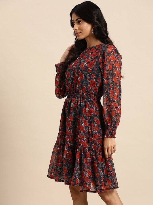 All about you Navy Blue & Maroon Floral A-Line Dress