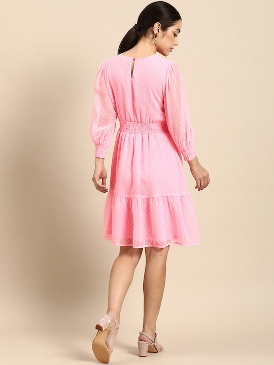 All about you Self-Design Smocked Flounce Hem Fit and Flare Dress