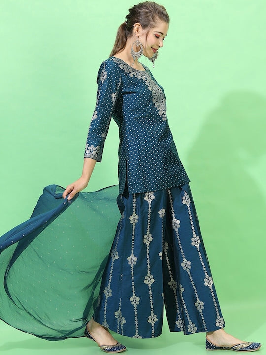 Vishudh Women Teal Ethnic Motifs Printed Kurti with Palazzos & With Dupatta