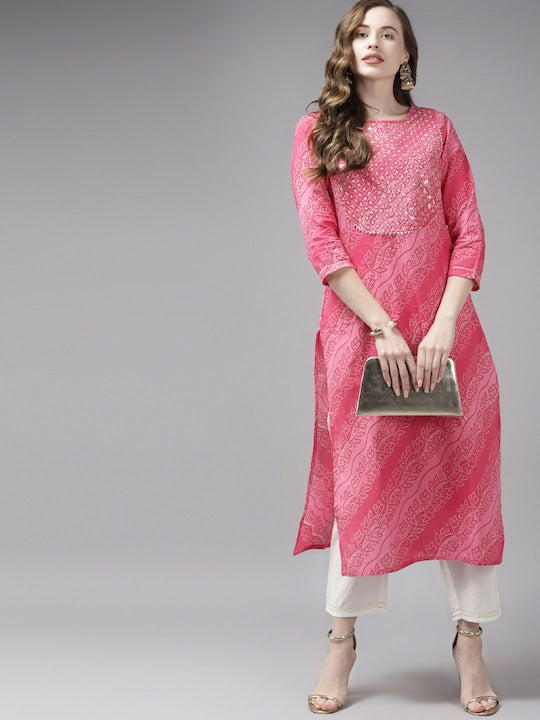 Yufta Women Pink Bandhani Yoke Design Regular Sequinned Pure Cotton Kurta with Palazzos