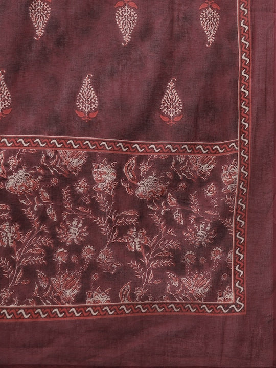 Yufta Women Maroon Ethnic Motifs Aari Work Kurta with Trousers & Dupatta