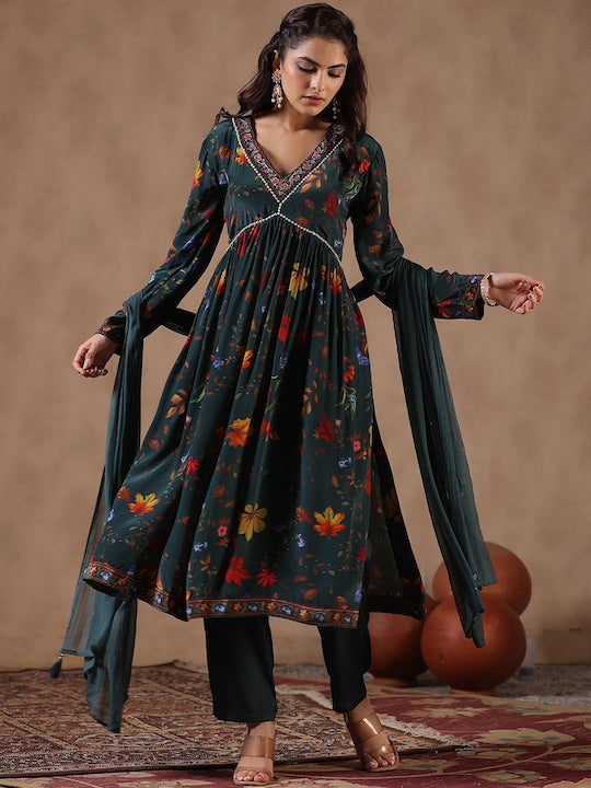 Scakhi Floral Printed Beads & Stones Empire Kurta With Trousers & Dupatta