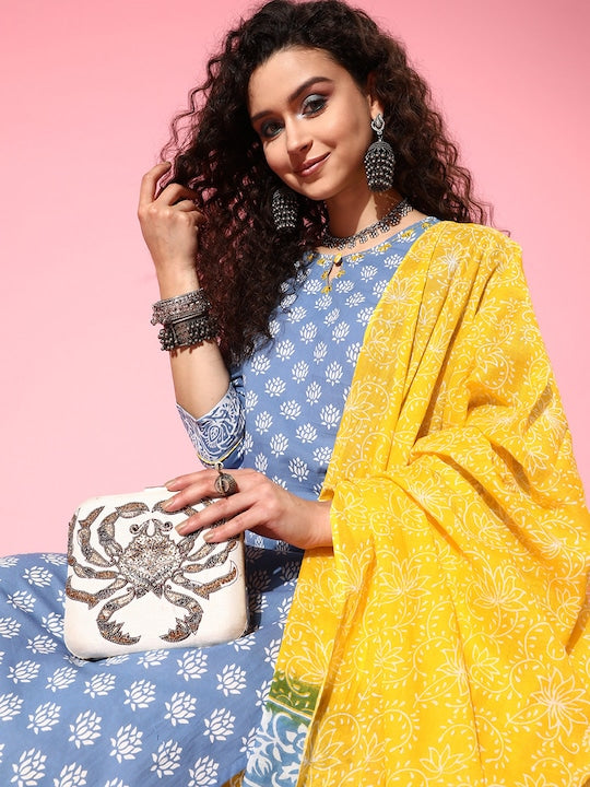 Yufta Ethnic Motifs Printed Pure Cotton Kurta with Trousers & With Dupatta