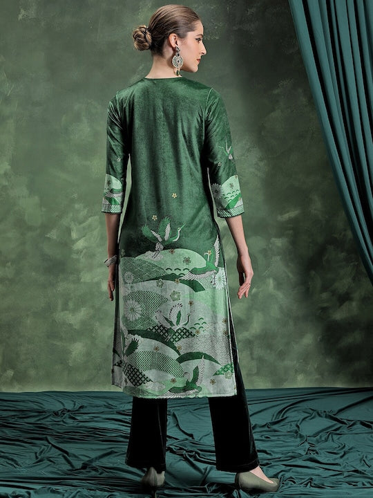 Vishudh Green Abstract Woven Design V-Neck Straight Kurta