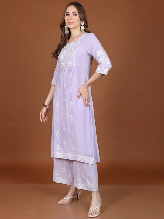 Vishudh Lavender Floral Embroidered Regular Kurta with Palazzos