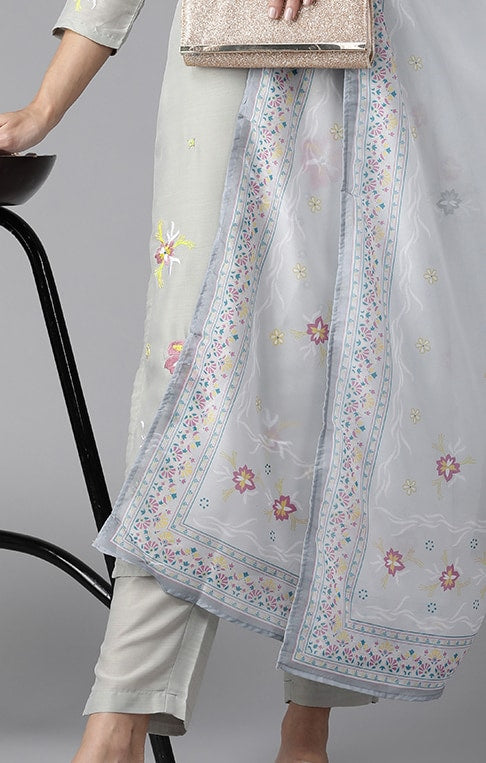 Yufta Floral Embroidered Regular Thread Work Pure Silk Kurta with Trousers & With Dupatta