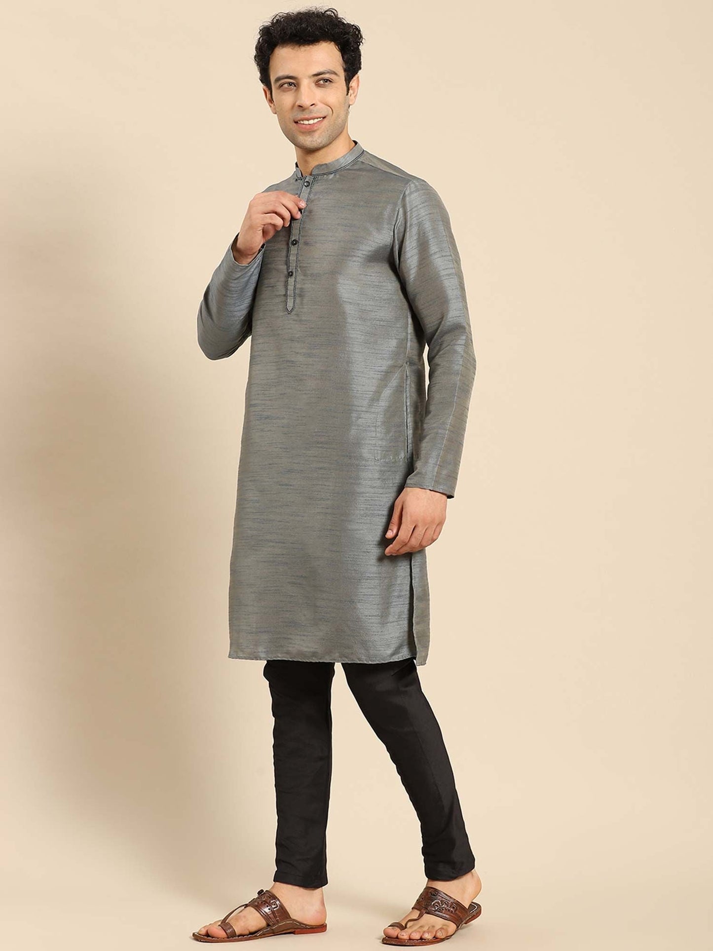 Amodh by Kisah Men Charcoal Grey Kurta (Set of 2)
