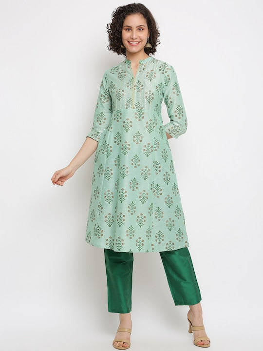 IMARA Floral Printed Mandarin Collar Sequined A-Line Kurta with Trousers