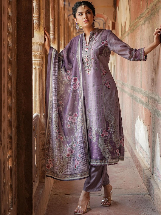 Scakhi Floral Printed Beads & Stones Chanderi Silk Kurta with Trousers & Dupatta