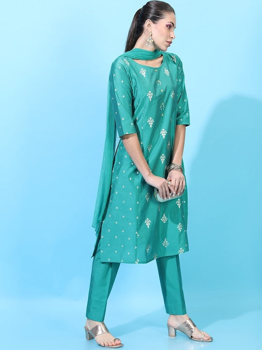 Vishudh Women Turquoise Blue Kurta with Trousers & Dupatta