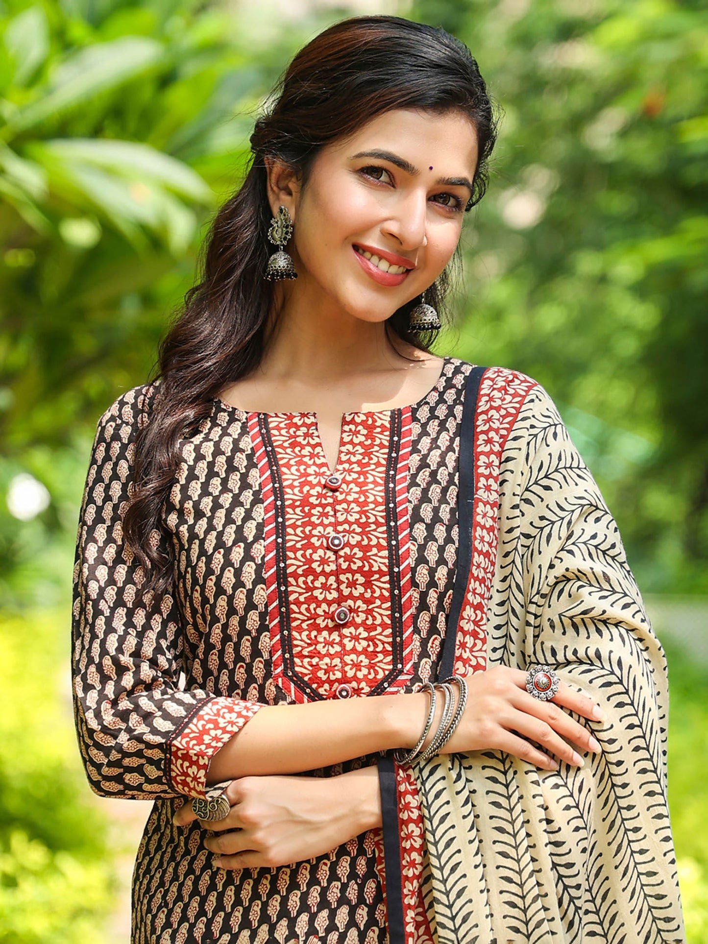 PIROH Womens Cotton Regular Print Straight Kurta Pant Dupatta Black (Set of 3)