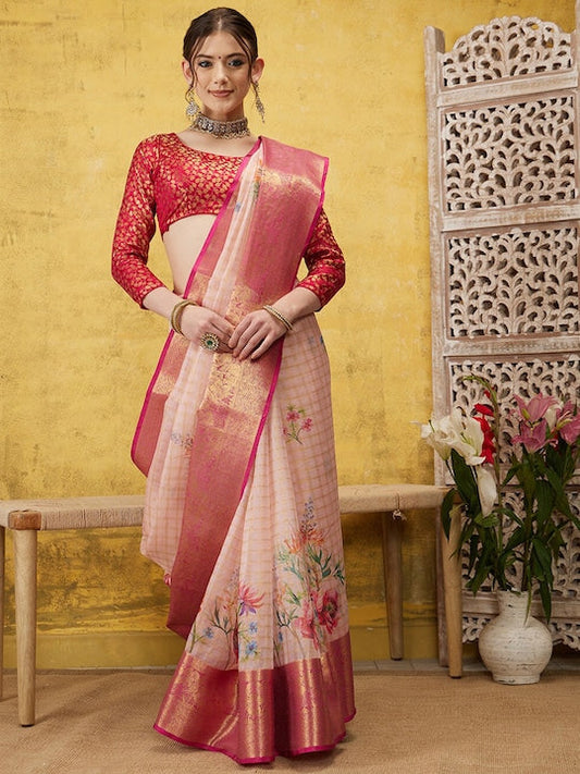 Silk Land Floral Zari Silk Blend Muga Saree