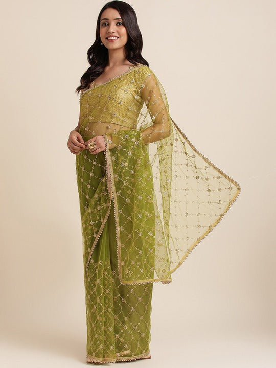 Fabmora Ethnic Motifs Embroidered Net Saree
