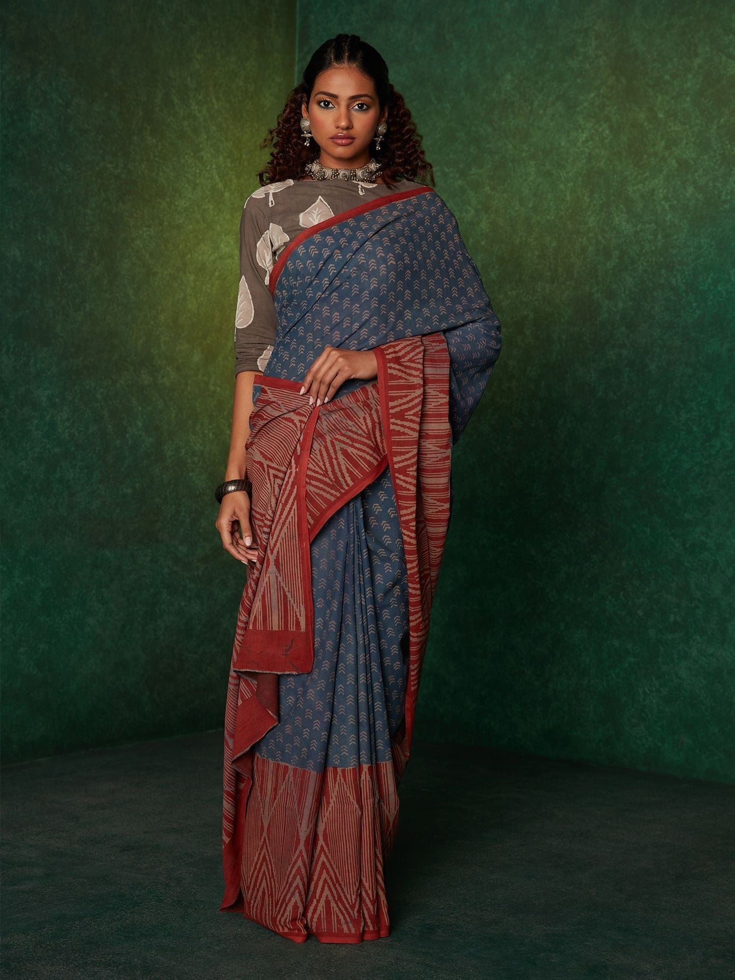 Likha Blue Mulmul Handblocked Bagru and Dabu Saree with Unstitched Blouse LIKSAR109 (Free Size)