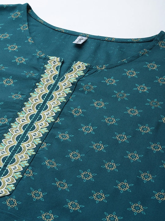 Yufta Women Teal Ethnic Motifs Printed Aari Work Kurta with Palazzos