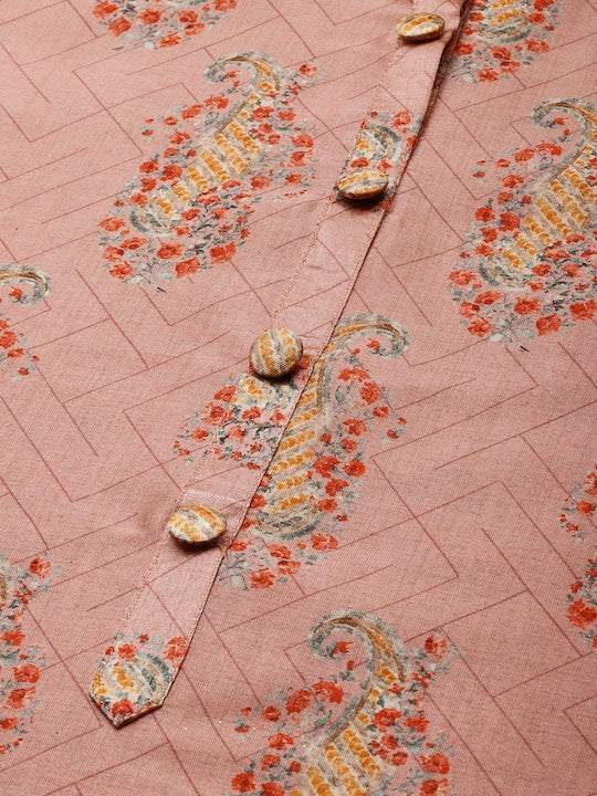 All about you Women Pink Paisley Print Mandarin Collar Pastels Chanderi Silk Blend Kurta
