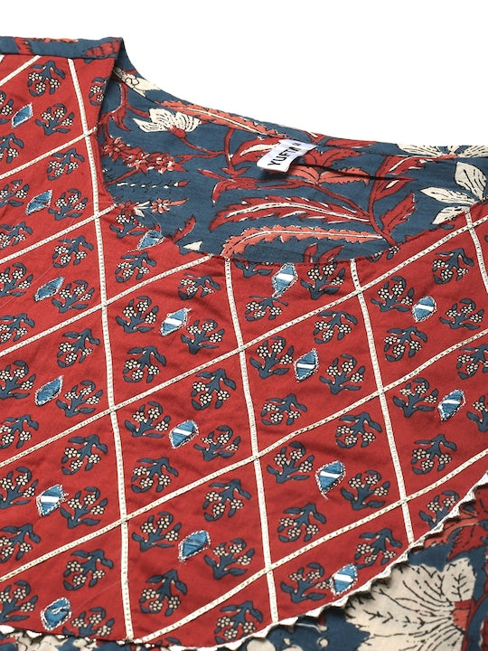 Yufta Women Navy Blue Ethnic Motifs Printed Pleated Gotta Patti Pure Cotton Kurta with Palazzos & With