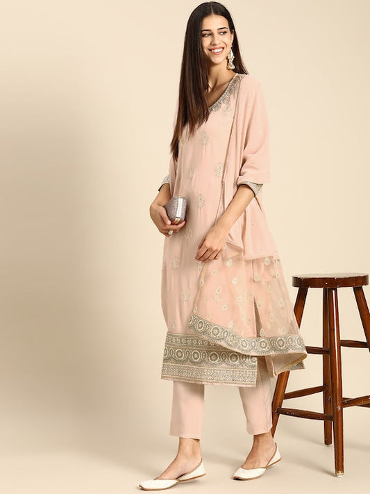 Anouk Women Pink Embroidered Regular Thread Work Kurta with Trousers & Dupatta