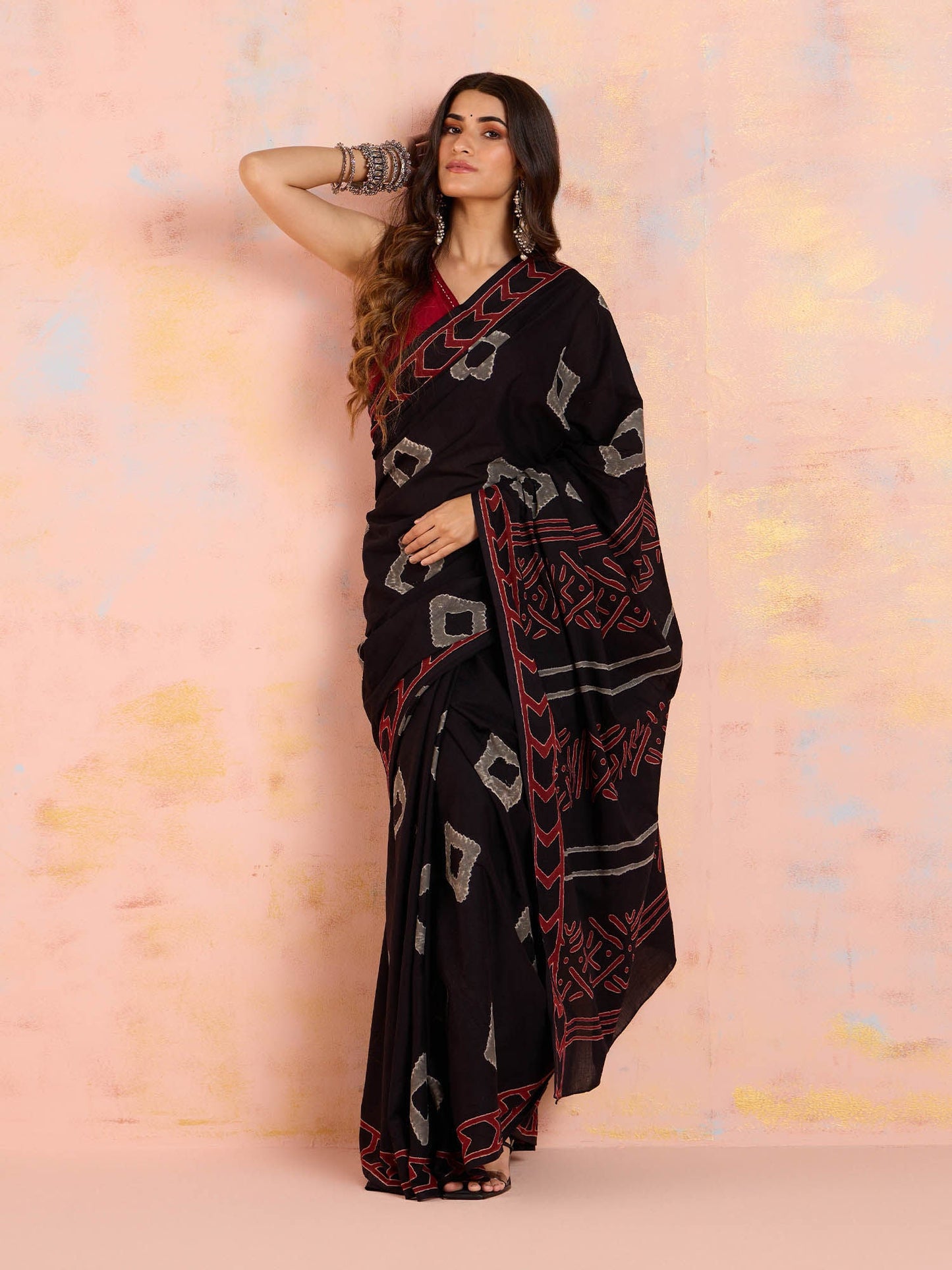 Likha Black & White Printed Cotton Saree with Unstitched Blouse LIKSAR146