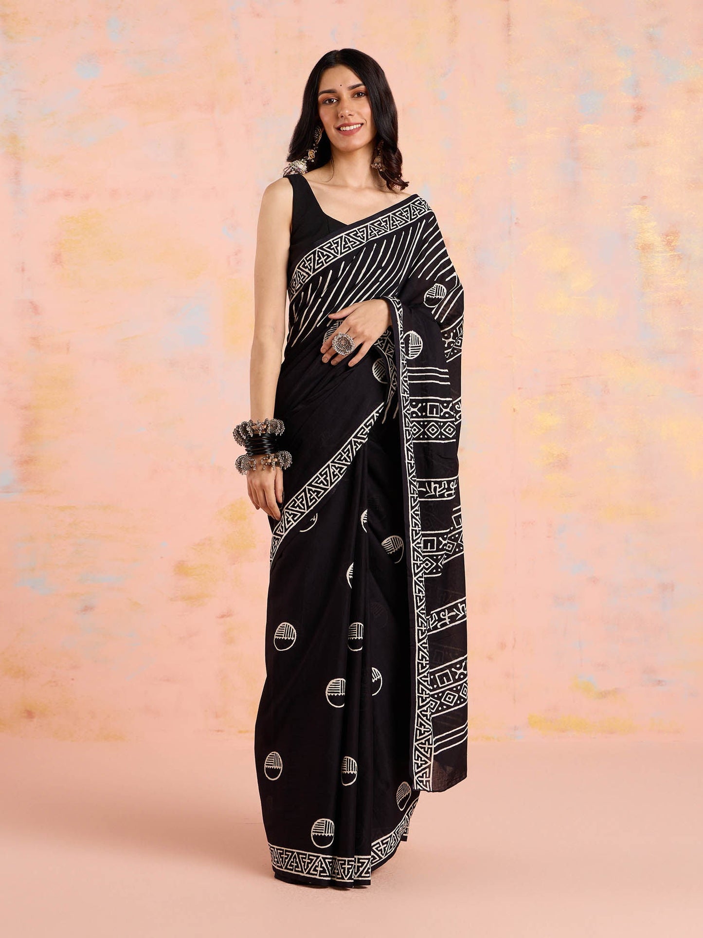 Likha Black & White Printed Cotton Saree with Unstitched Blouse LIKSAR147