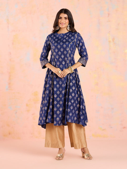 Likha Navy Blue Diwa Dazzle Bandhani Printed A-line Kurta LIKKUR210