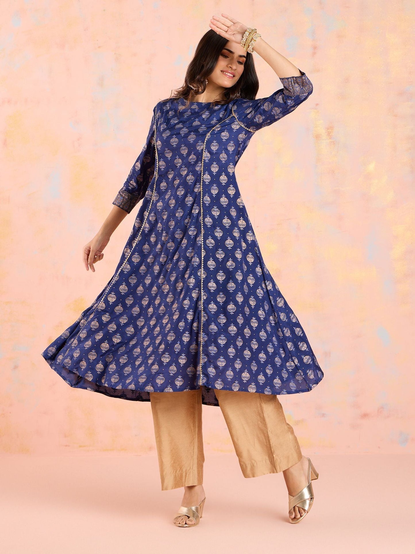 Likha Navy Blue Diwa Dazzle Bandhani Printed A-line Kurta LIKKUR210