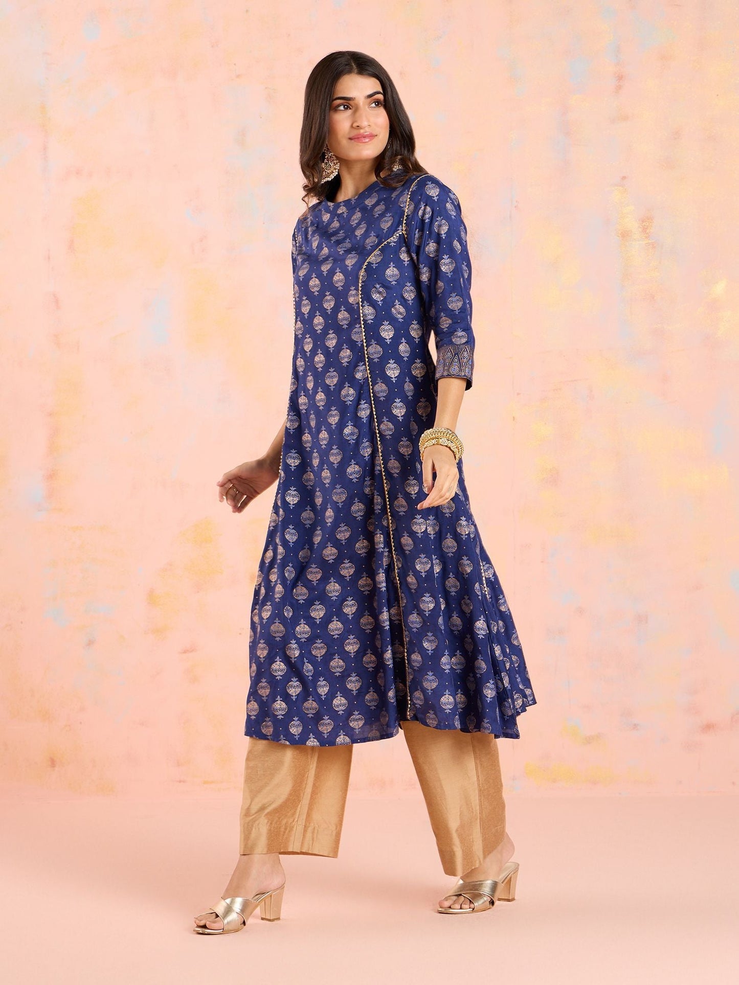 Likha Navy Blue Diwa Dazzle Bandhani Printed A-line Kurta LIKKUR210