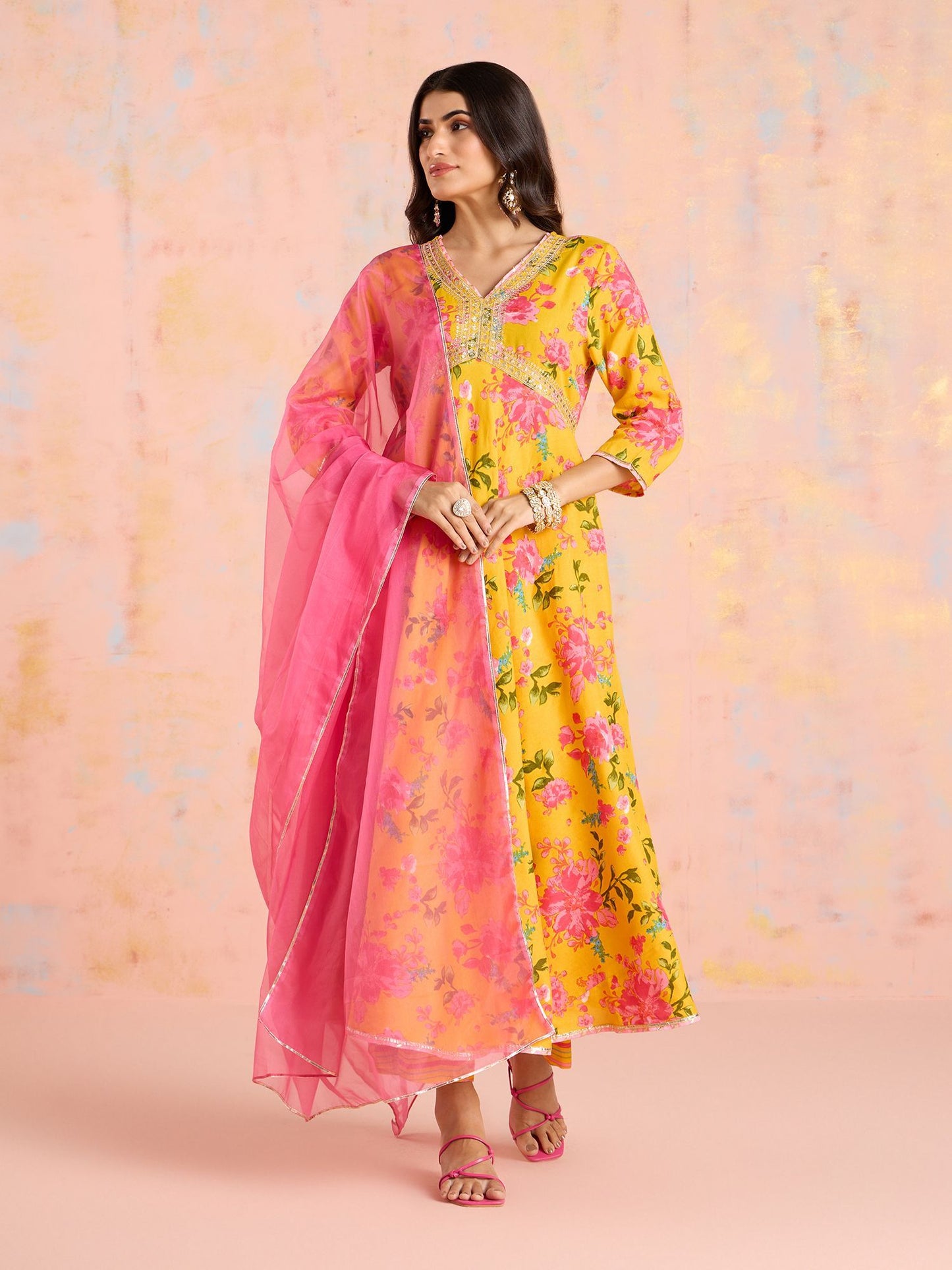 Likha Yellow Garden Groove Floral Printed Kurta Pant & Dupatta LIKSKD304 (Set of 3)