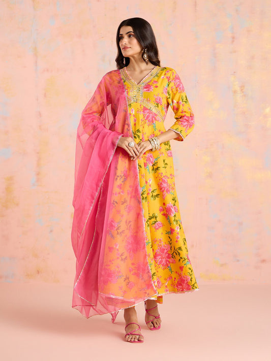 Likha Yellow Garden Groove Floral Printed Kurta Pant & Dupatta LIKSKD304 (Set of 3)
