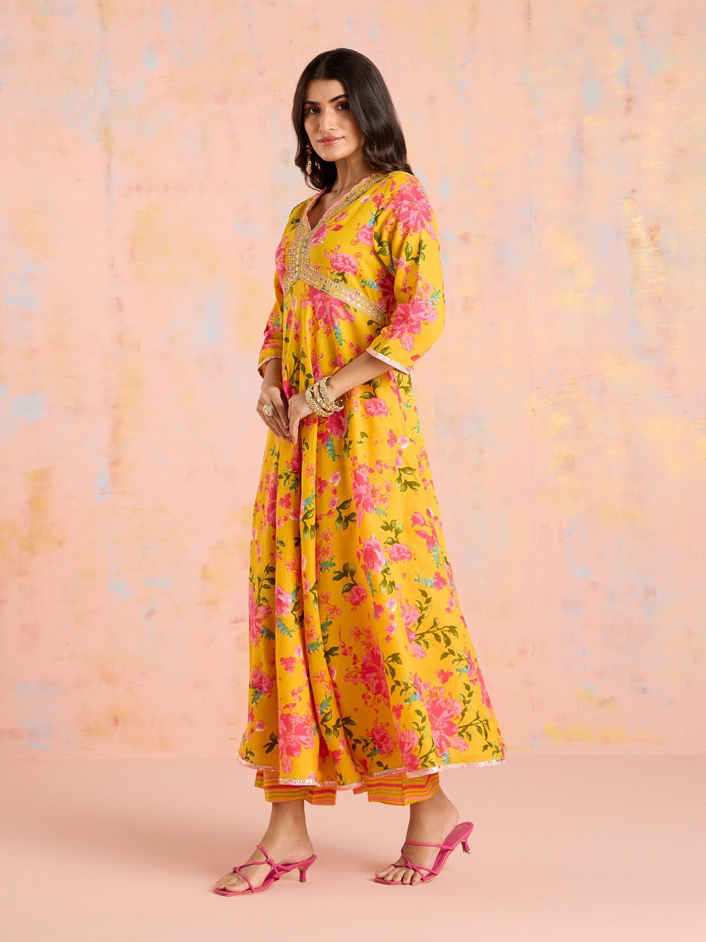 Likha Yellow Garden Groove Floral Printed Kurta Pant & Dupatta LIKSKD304 (Set of 3)