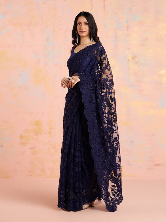 Likha Navy Blue Net Embellished and Embroidered Saree with Unstitched Blouse and Petticoat